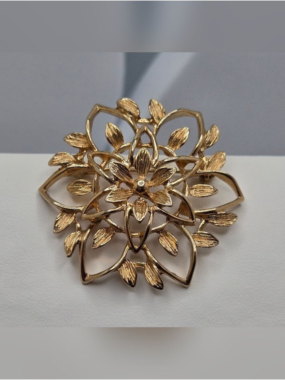 Sarah Coventry Vintage “Petal-Lure” Brooch Gold Tone Layered Floral Signed 1962